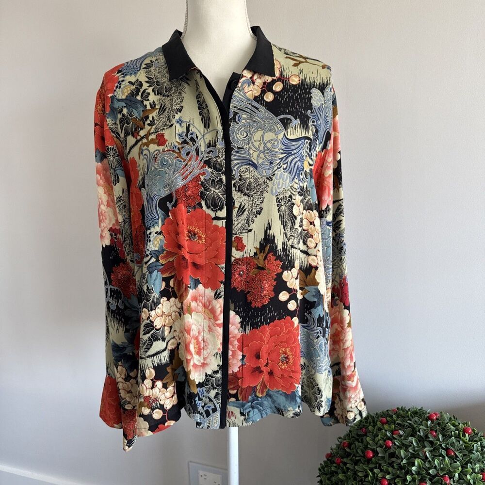 Harari Silk Black Asian Inspired Art To Wear Button Down Blouse Women’s Size XL